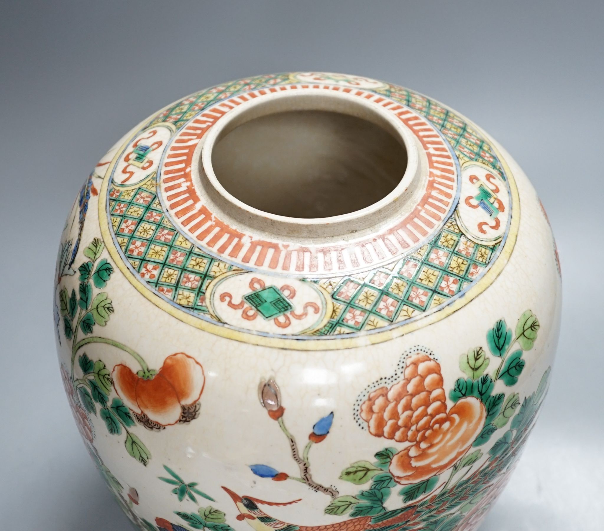 An early 20th century Chinese famille verte crackle glaze jar, 30cm